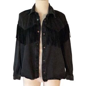 Zara Black Suede Fringe Denim Jacket Black Women’s Small Western Country